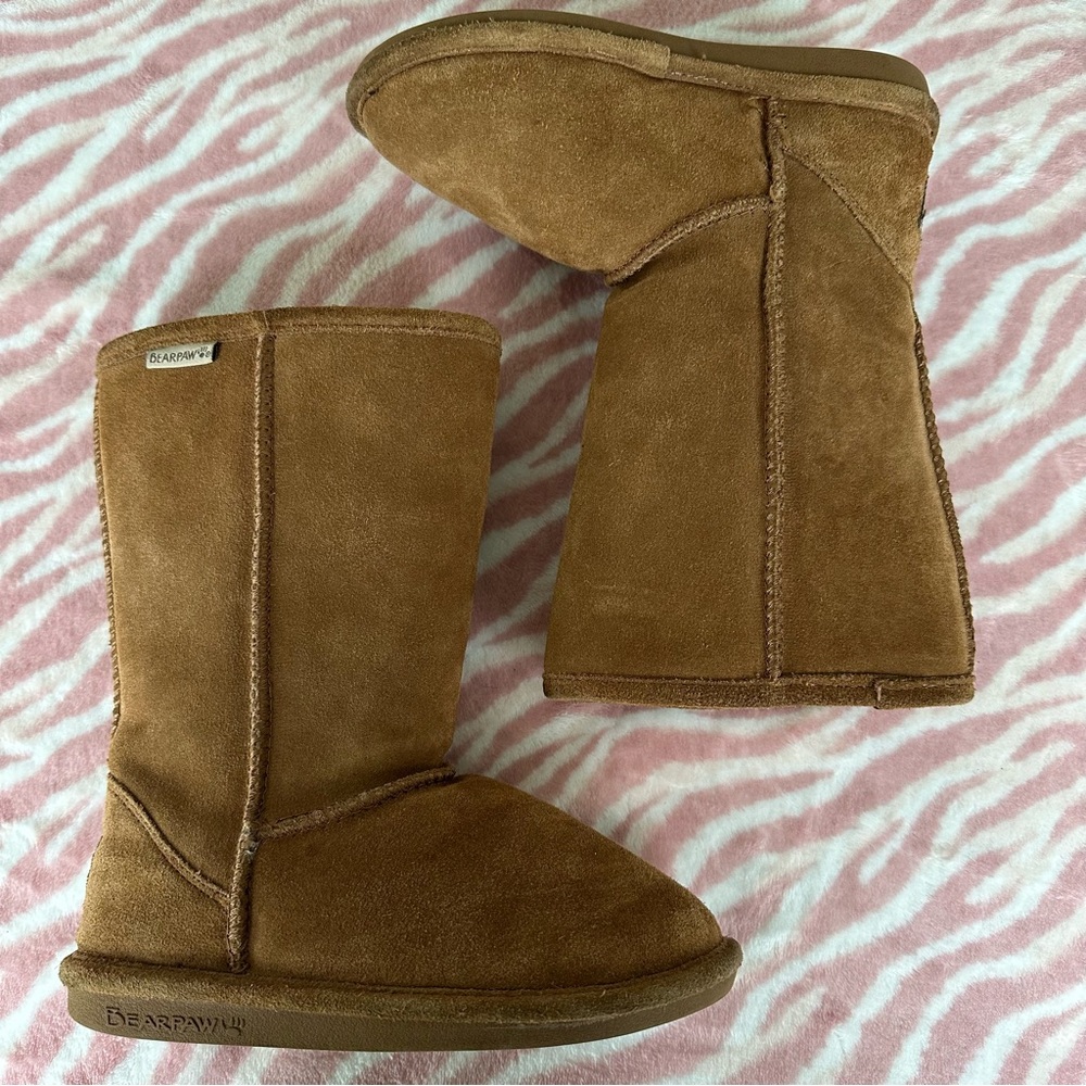 BearPaw Chestnut Suede Leather Winter Boots Wool Blend Lining Sz 1 Youth